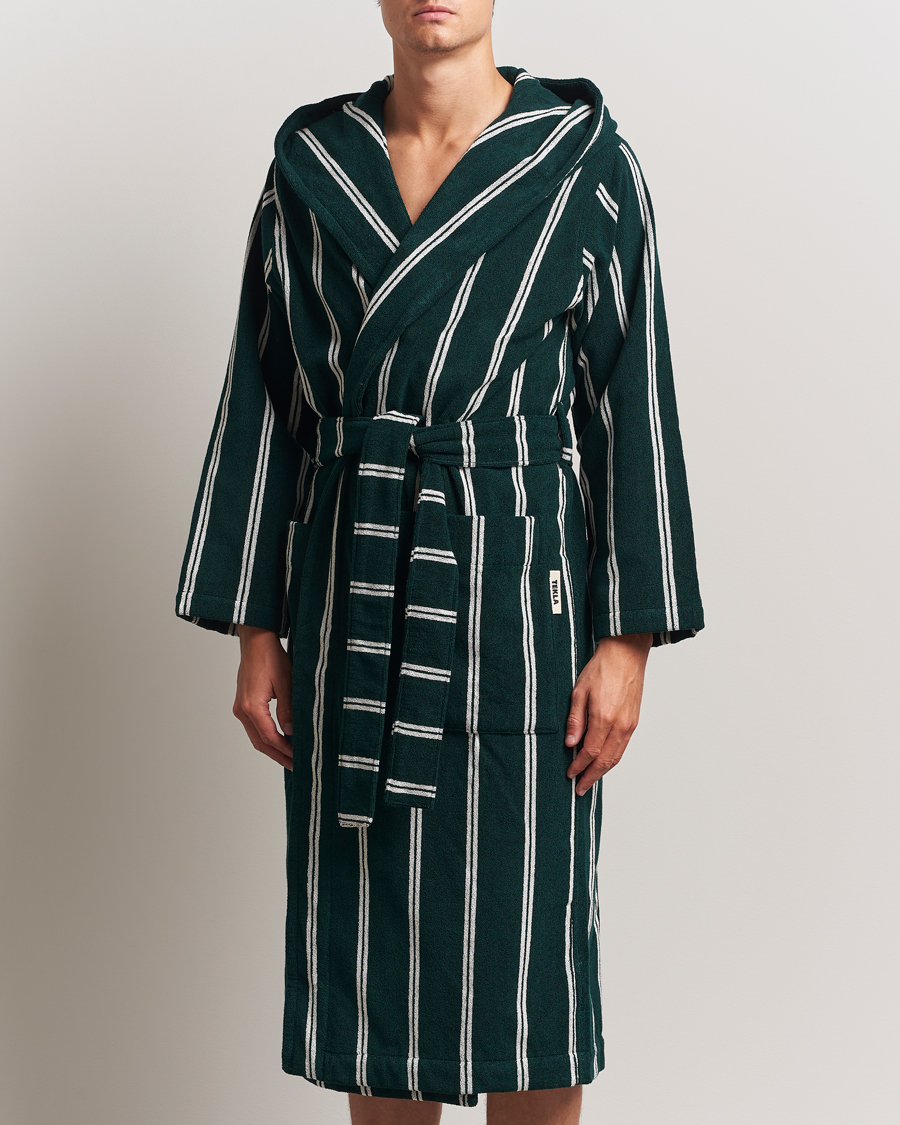 Herren | Schlafanzüge & Bademäntel | Tekla | Organic Terry Hooded Bathrobe Forest Green Stripes