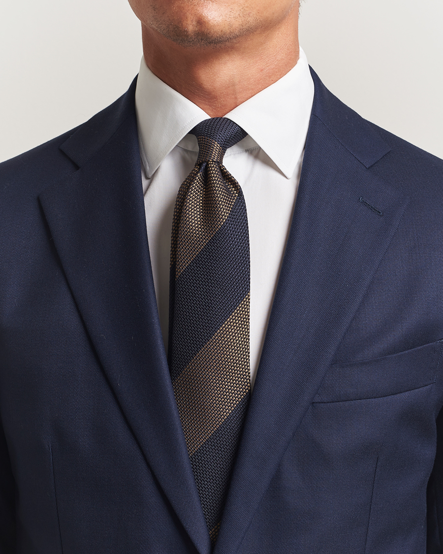 Herren | Krawatten | Amanda Christensen | Silk Grenadine Blockstriped 8cm Tie Navy/Beige