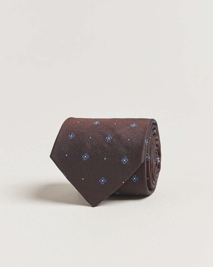 Herren | Krawatten | Amanda Christensen | Cotton/Silk Printed Flower 8cm Tie Brown
