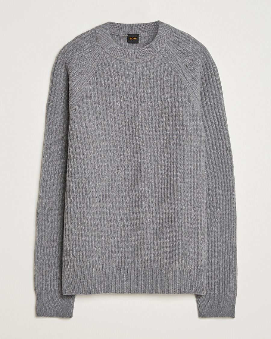 Herren | Pullover | BOSS ORANGE | Klacier Ribbed Wool Knitted Sweater Open Grey