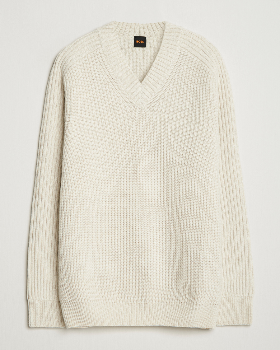Herren | Pullover | BOSS ORANGE | Karinet Ribbed Wool Knitted V-Neck Light Beige