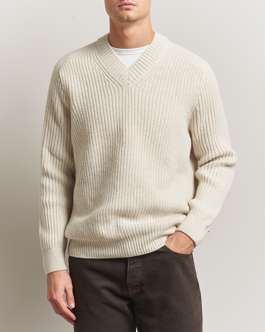 Herren | Pullover | BOSS ORANGE | Karinet Ribbed Wool Knitted V-Neck Light Beige