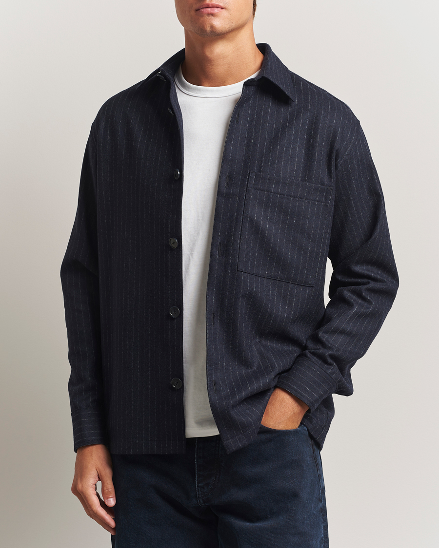 Herren | Hemden | NN07 | Freddy Wool Pinstriped Overshirt Navy Blue