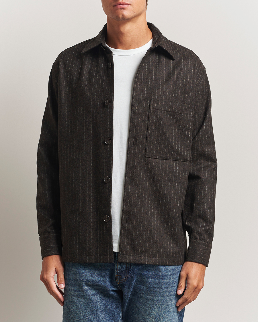 Herren | Hemden | NN07 | Freddy Wool Pinstriped Overshirt Dark Brown