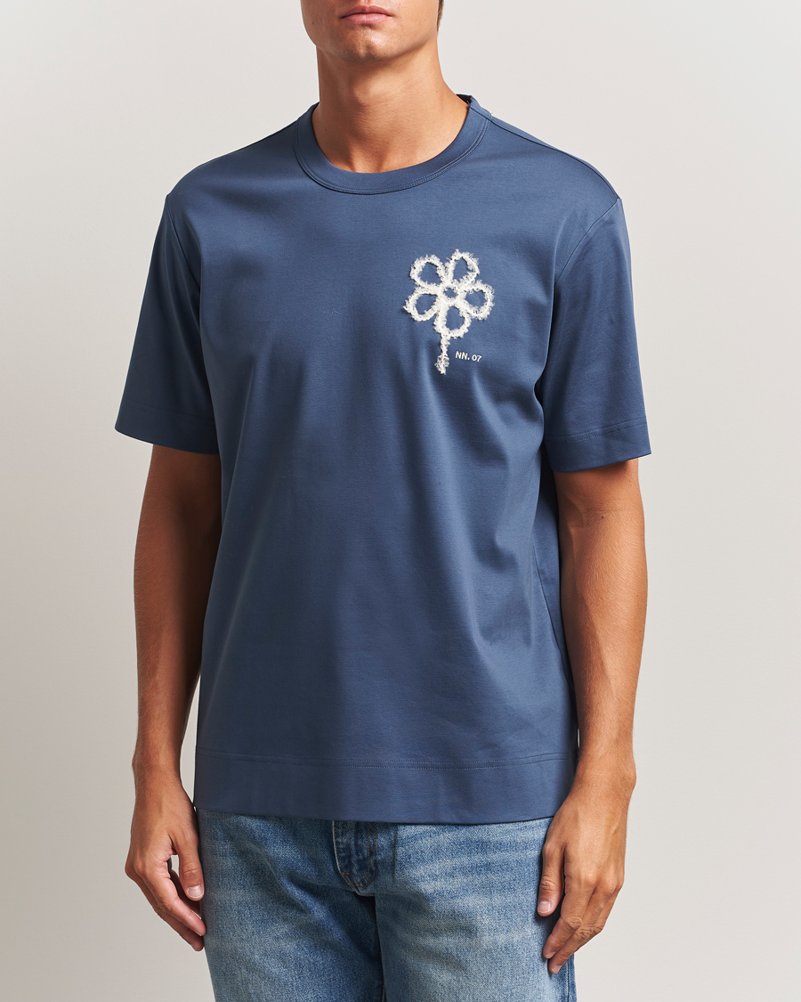 Herren | T-Shirts | NN07 | Pedro Mercerized Embroidered T-Shirt Denim Blue