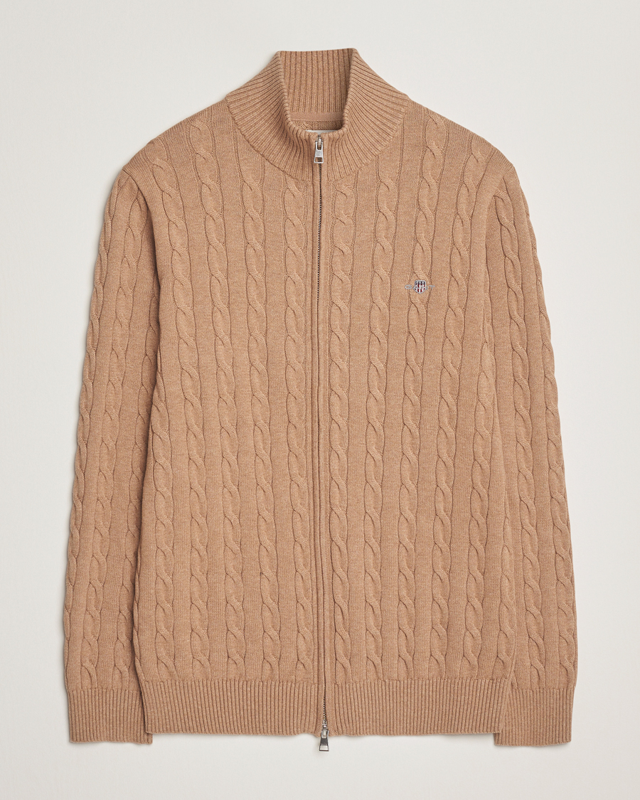 Herren | Pullover | GANT | Cotton Cable Full Zip Dark Sand Melange