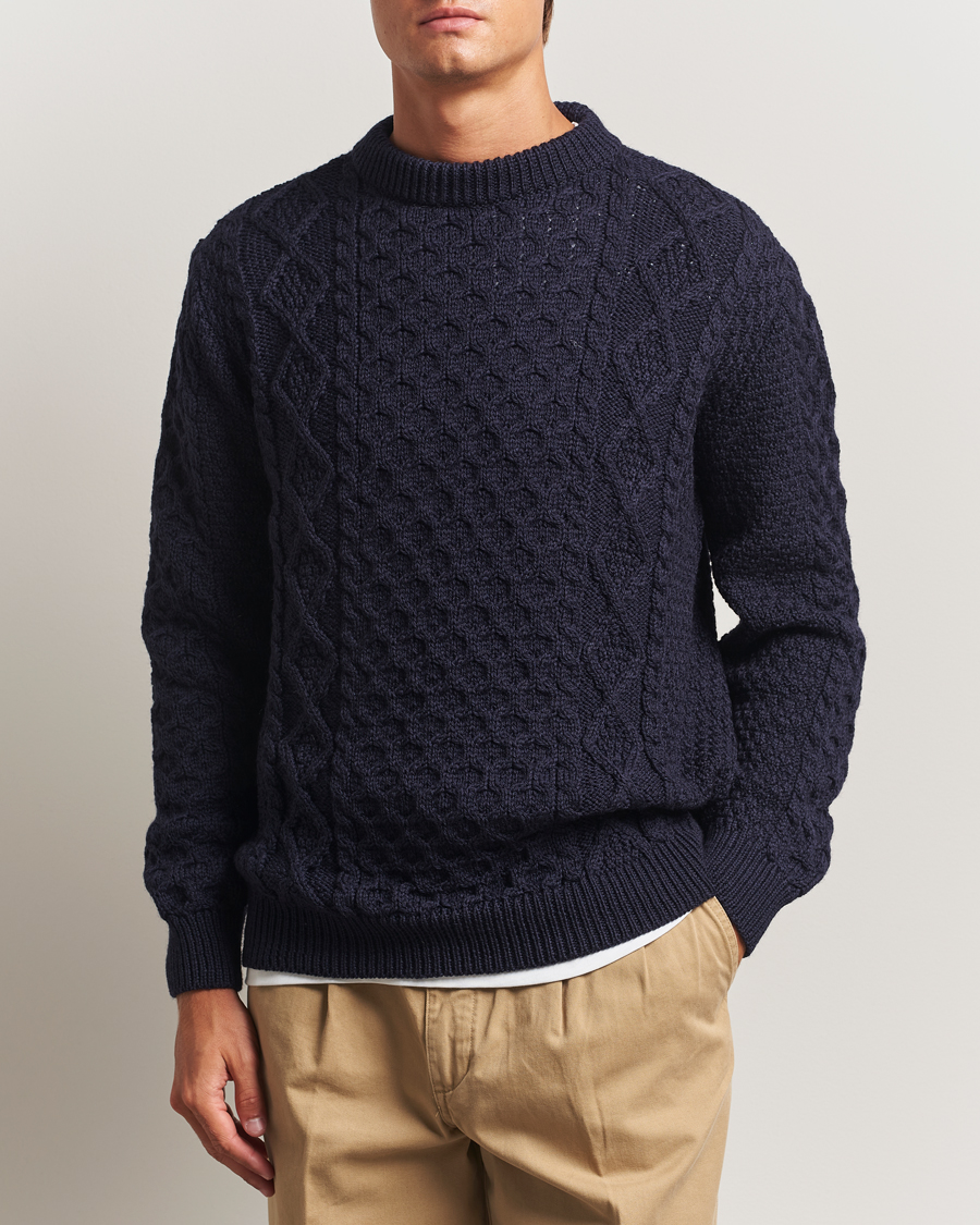 Herren | Pullover | Gloverall | Aran Wool Knitted Sweater Navy