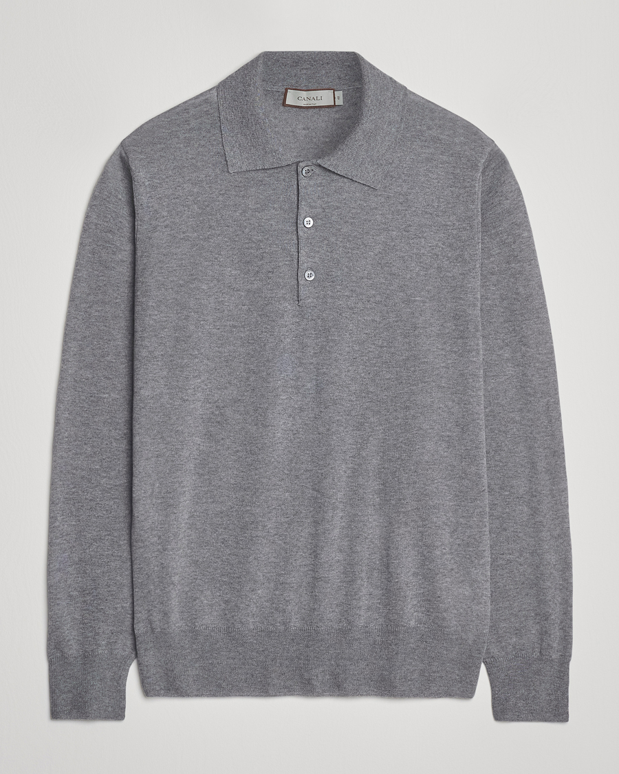 Herren | Pullover | Canali | Merino Wool Long Sleeve Polo Light Grey