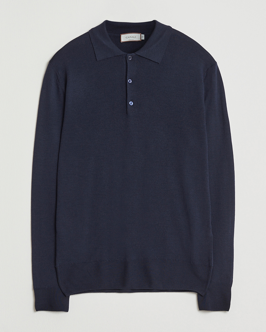 Herren | Pullover | Canali | Merino Wool Long Sleeve Polo Navy