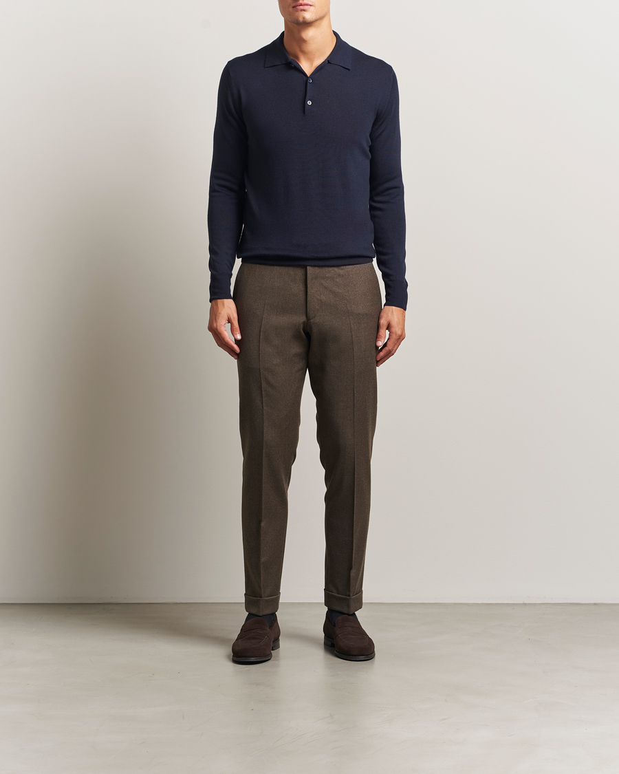 Herren | Pullover | Canali | Merino Wool Long Sleeve Polo Navy