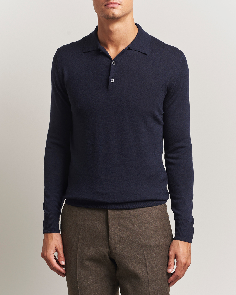 Herren | Pullover | Canali | Merino Wool Long Sleeve Polo Navy