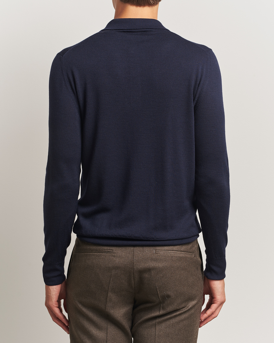 Herren | Pullover | Canali | Merino Wool Long Sleeve Polo Navy