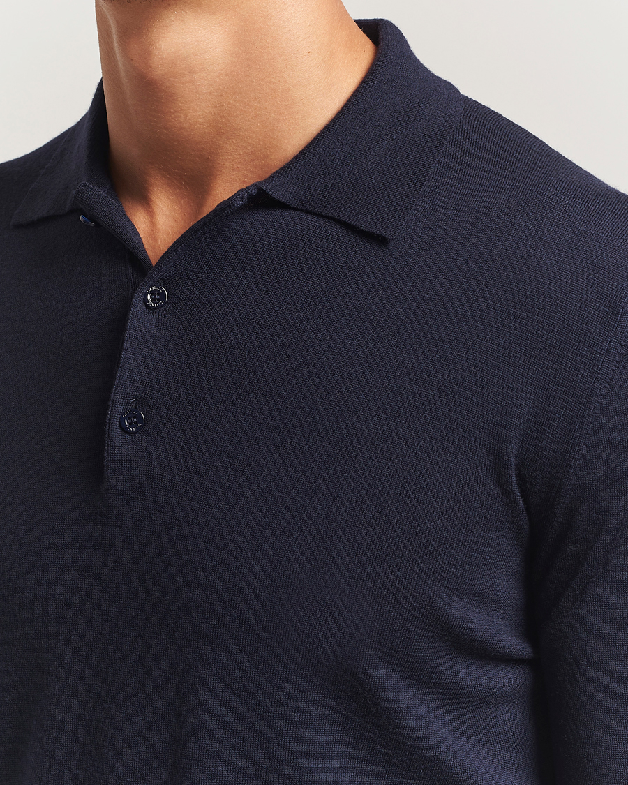 Herren | Pullover | Canali | Merino Wool Long Sleeve Polo Navy
