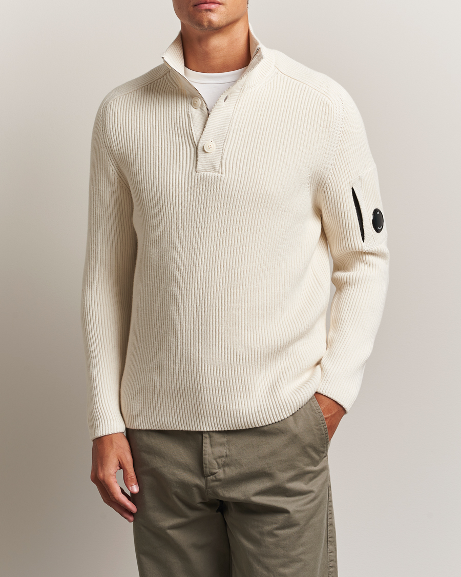 Herren | Pullover | C.P. Company | Full Rib Knitted Cotton Half Button White
