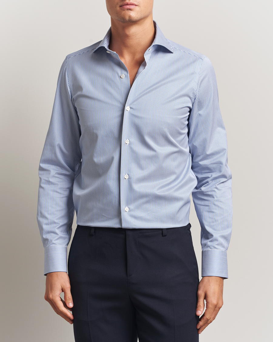 Herren | Hemden | Finamore Napoli | Milano Slim Cotton Twill Shirt Blue Stripe