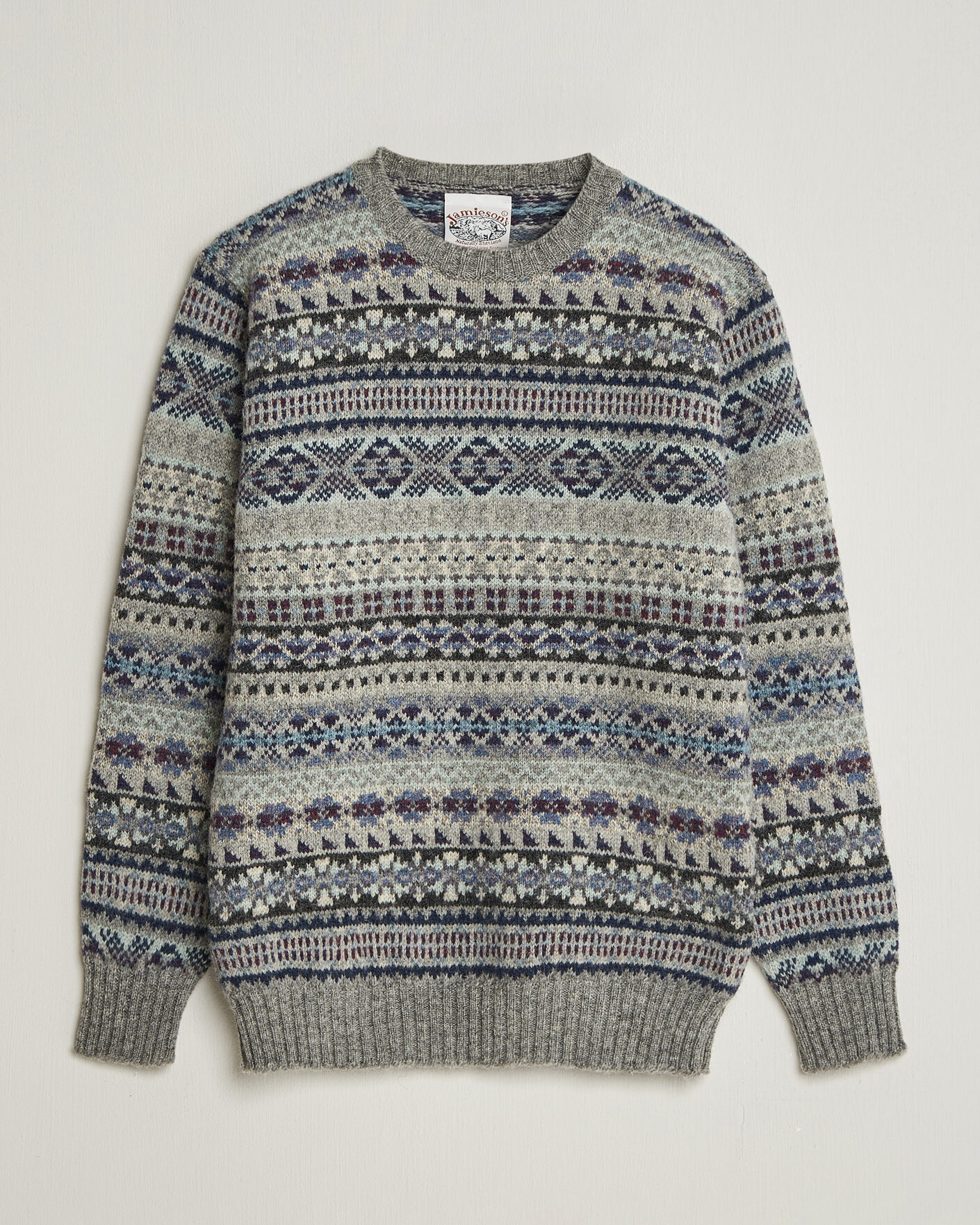 Herren | Pullover | Jamieson's of Shetland | Jamiesons Of Shetland All Over Fair Isle Pullover Crew Neck Light Grey
