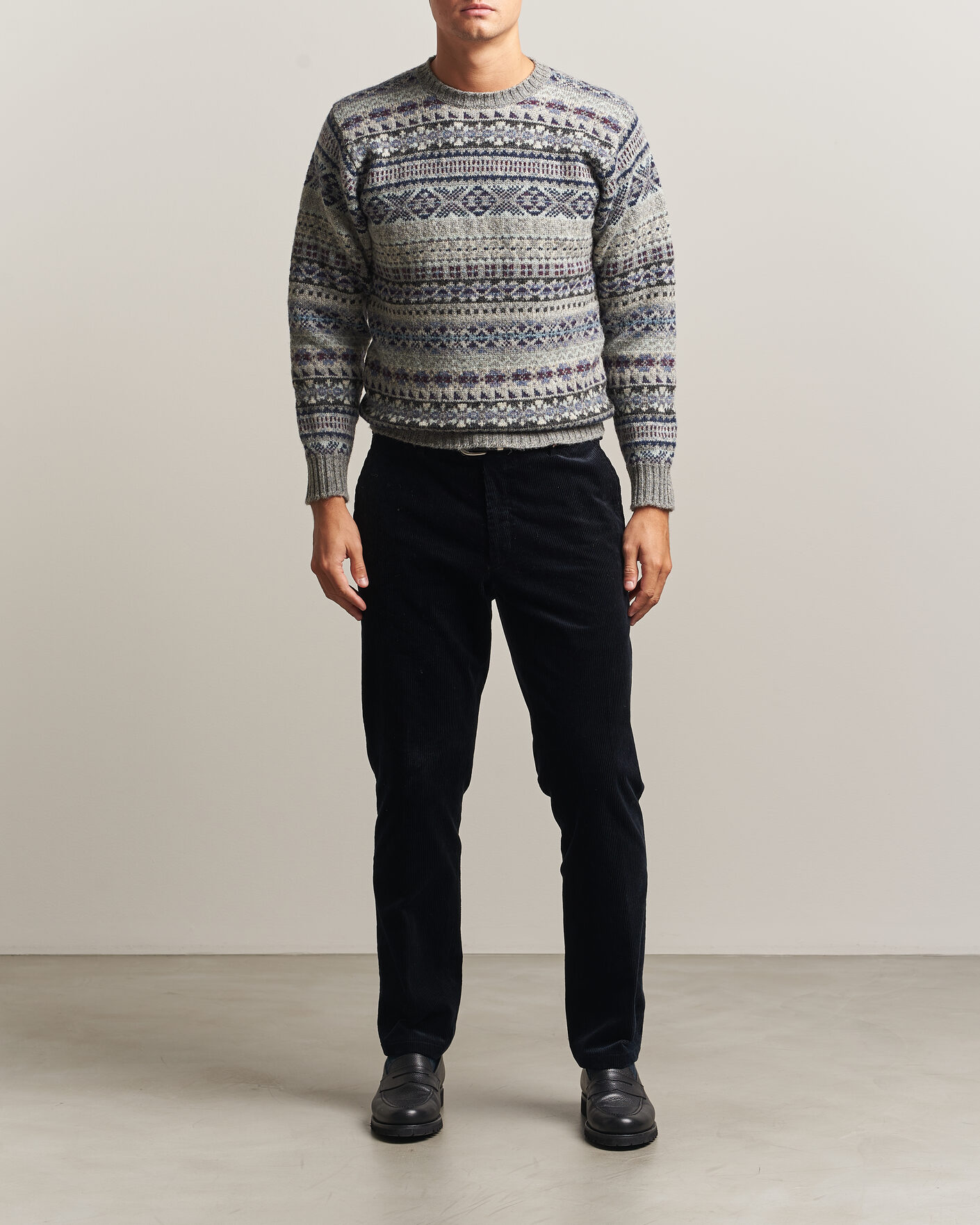 Herren | Pullover | Jamieson's of Shetland | Jamiesons Of Shetland All Over Fair Isle Pullover Crew Neck Light Grey