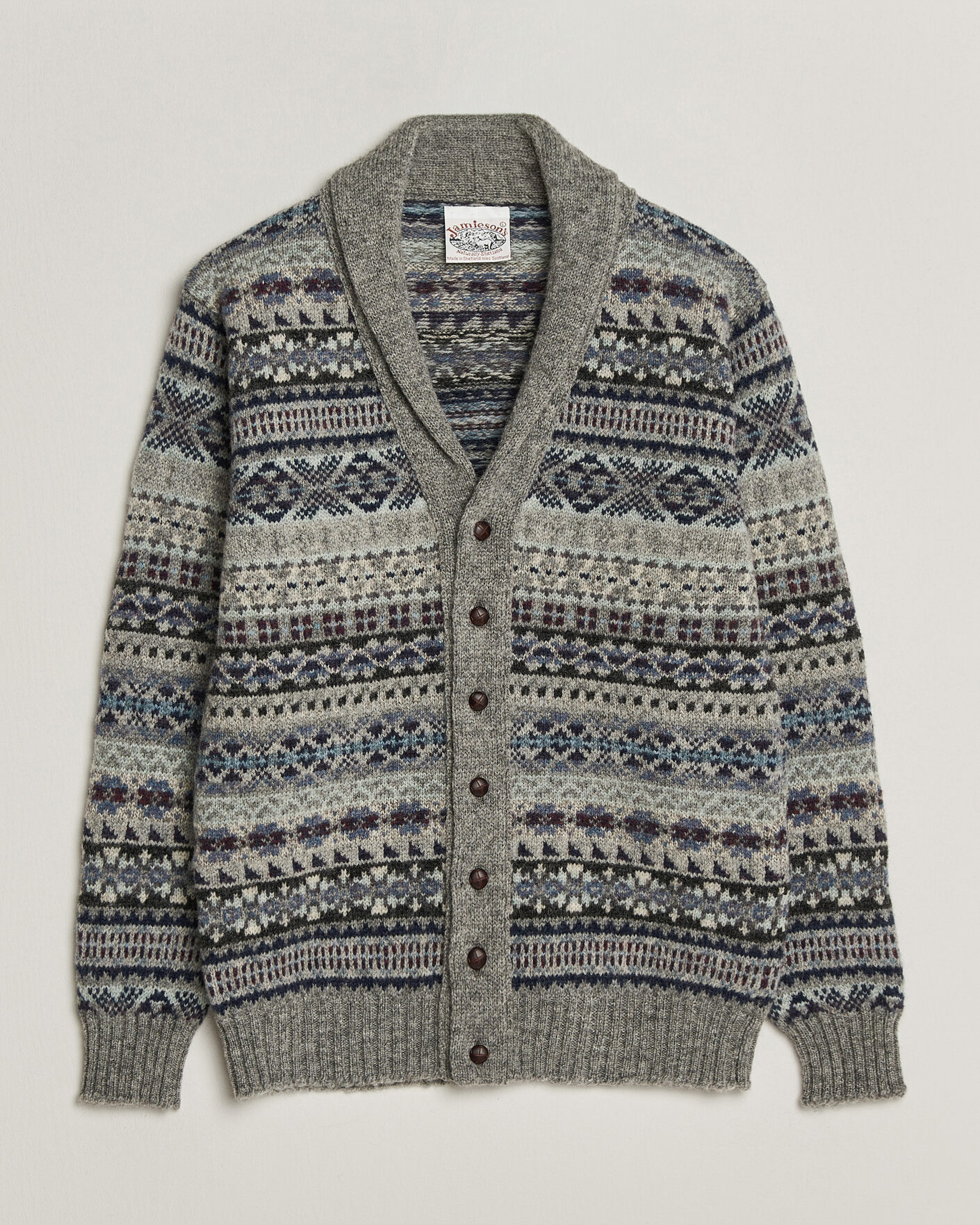 Herren | Pullover | Jamieson's of Shetland | Jamiesons Of Shetland All Over Fair Isle Shawl Collar Cardigan Grey