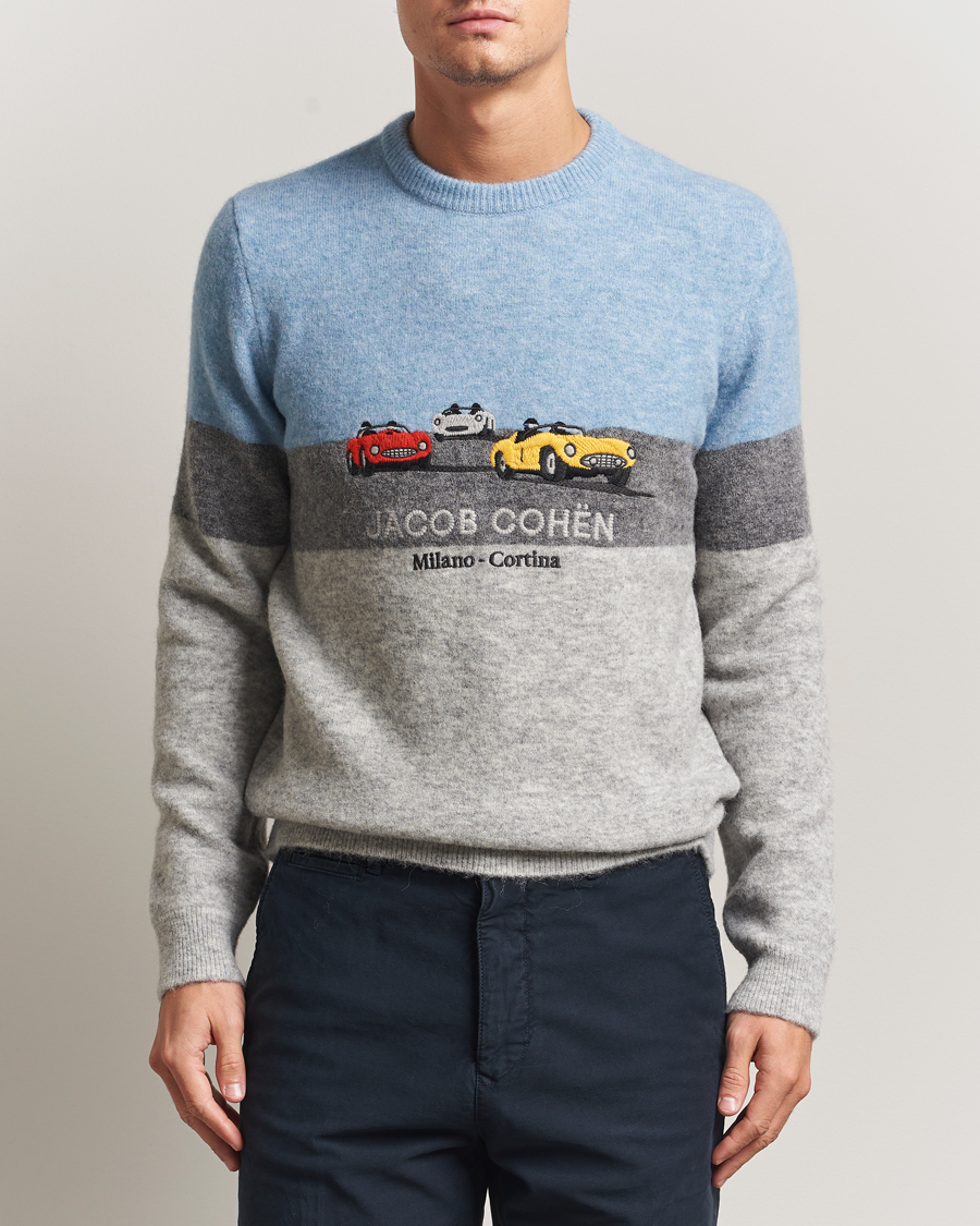 Herren | Pullover | Jacob Cohën | Embroidery Knitted Milano-Cortina Crew Neck Grey/Blue