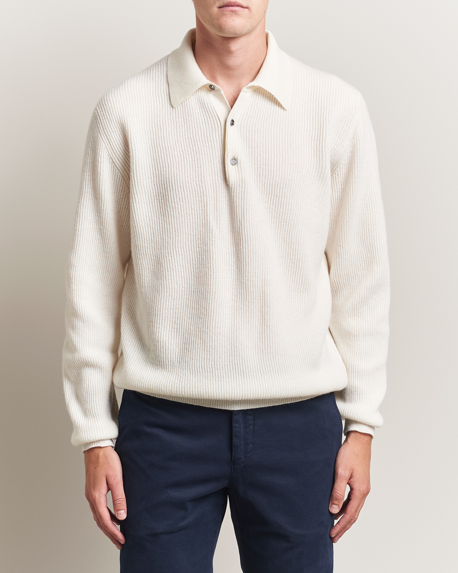 Herren | Pullover | Kiton | Cashmere Rib Long Sleeve Polo Light Beige
