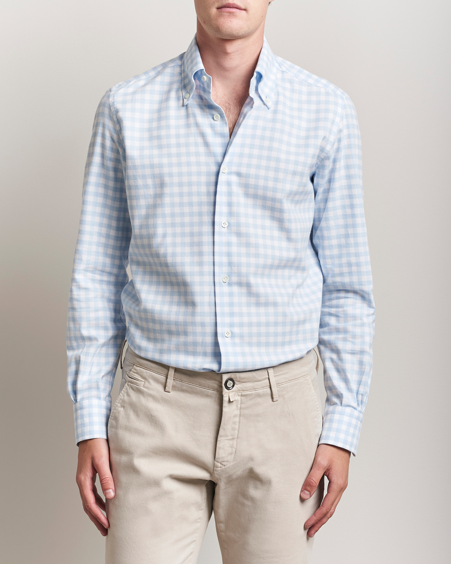 Herren | Hemden | Mazzarelli | Soft Flannel Button Down Shirt Light Blue Check