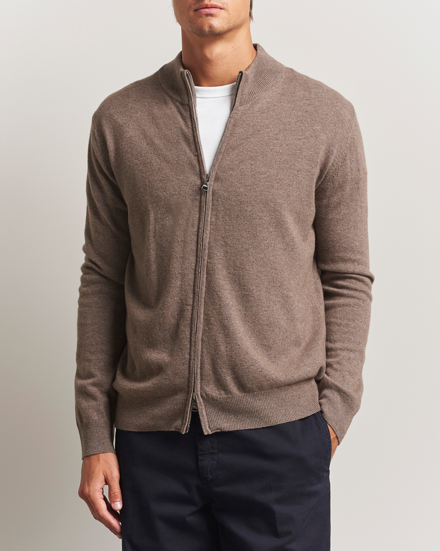 Herren | Pullover | Oscar Jacobson | Seb Wool/Cashmere Full Zip Light Brown