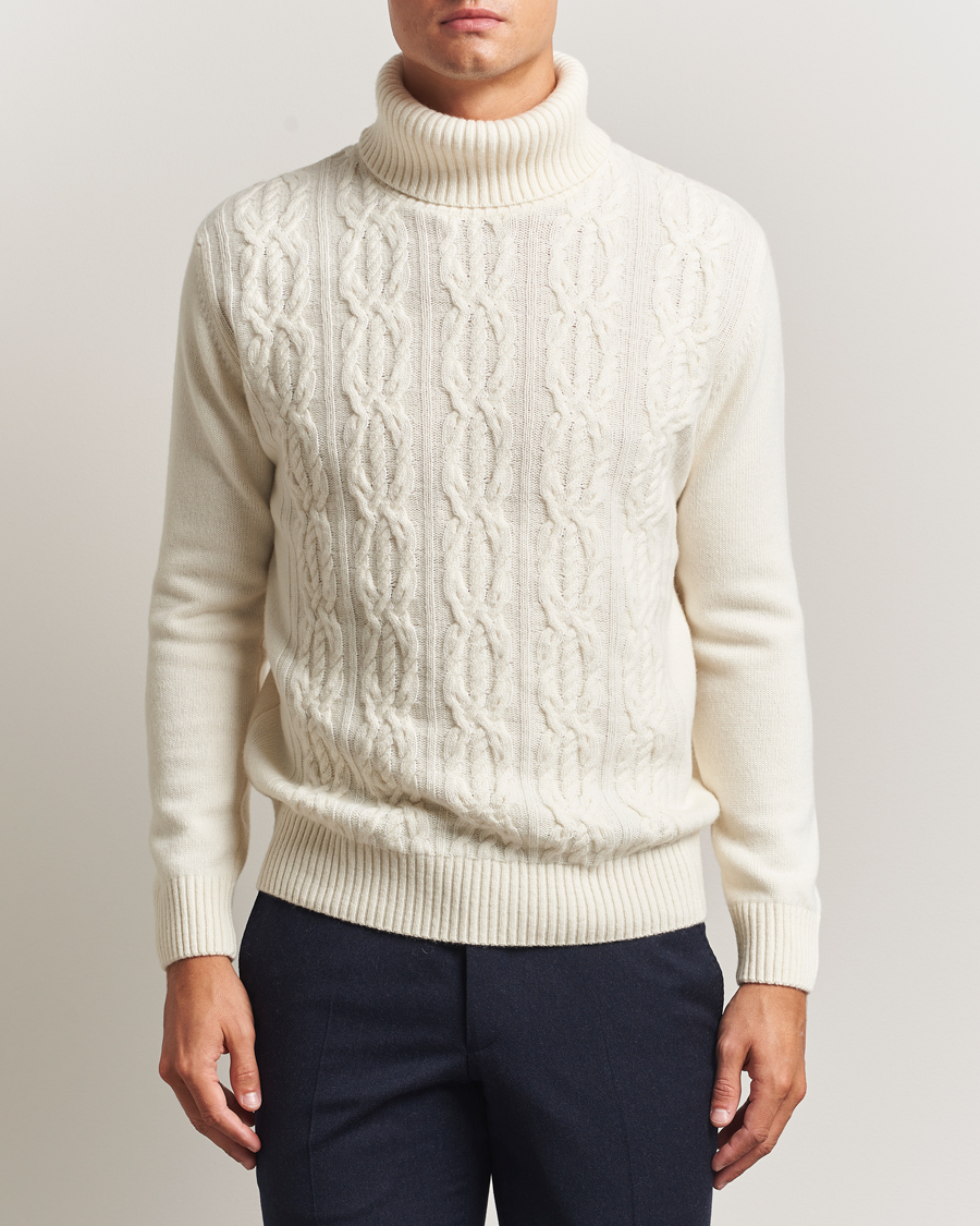Herren | Pullover | Oscar Jacobson | Heavy Knitted Wool/Cashmere Cable Polo White