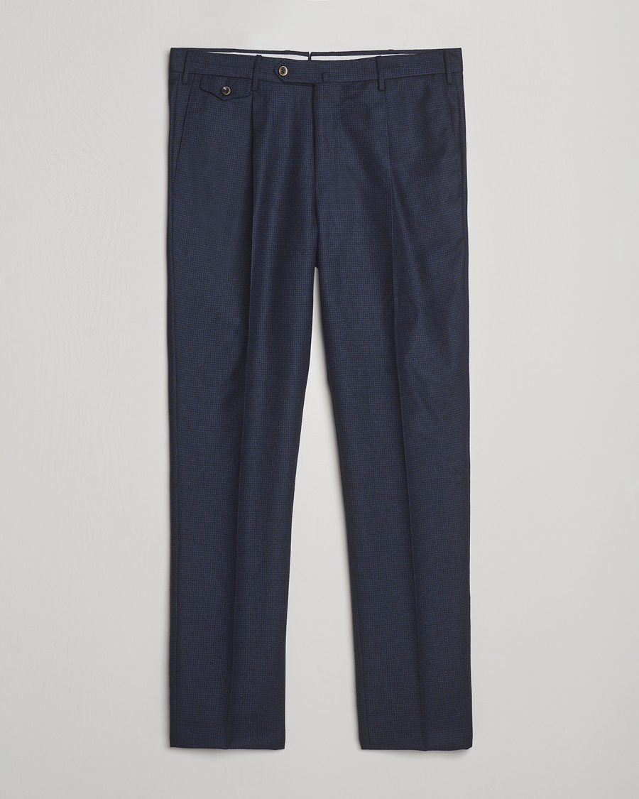 Herren | Hosen | PT01 | Gentleman Fit Pleated Houndstooth Flannel Trousers Navy
