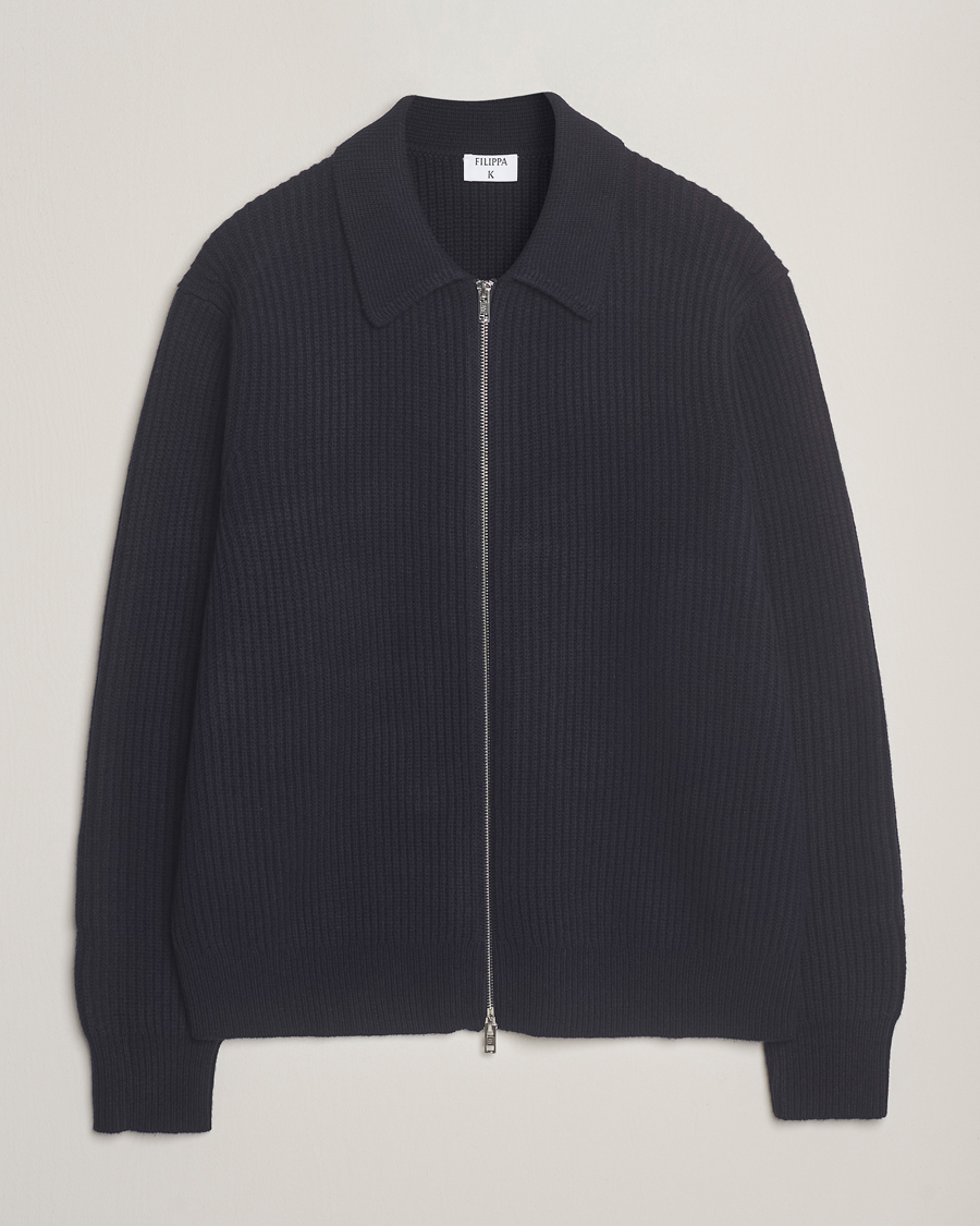 Herren | Pullover | Filippa K | Ribbed Wool Full Zip Cardigan Navy