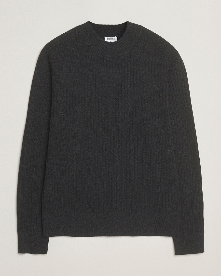 Herren | Pullover | Filippa K | Cotton Merino Knitted Mock Neck Sweater Anthracite Melange