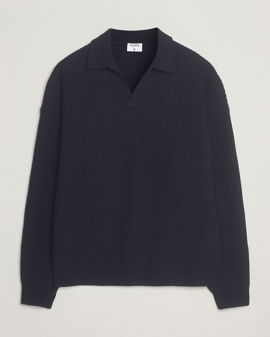 Herren | Pullover | Filippa K | Ribbed Wool Polo Shirt Navy