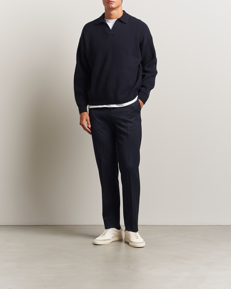 Herren | Pullover | Filippa K | Ribbed Wool Polo Shirt Navy