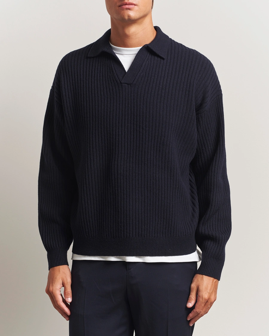 Herren | Pullover | Filippa K | Ribbed Wool Polo Shirt Navy