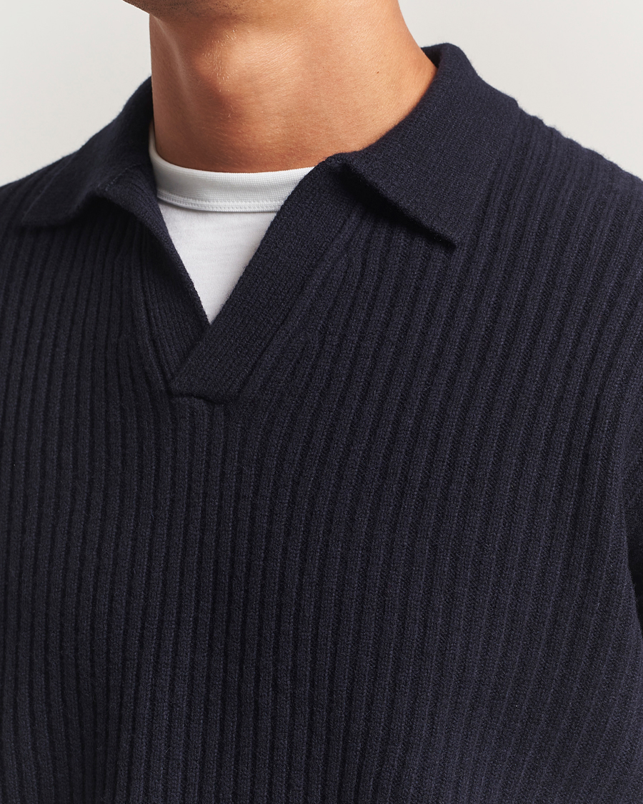 Herren | Pullover | Filippa K | Ribbed Wool Polo Shirt Navy