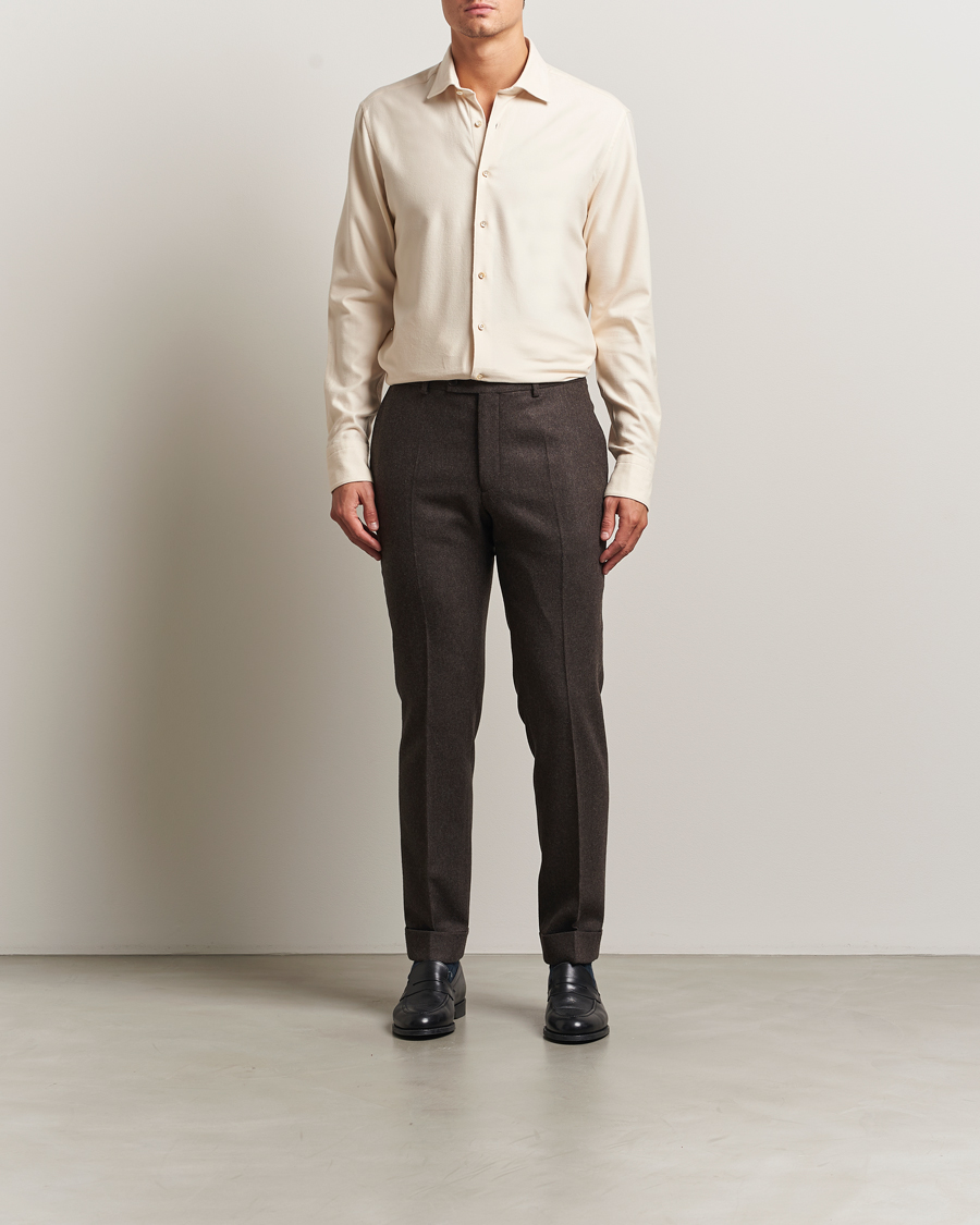 Herren | Hemden | Stenströms | Regular Fit Cut Away Flannel Shirt Light Beige