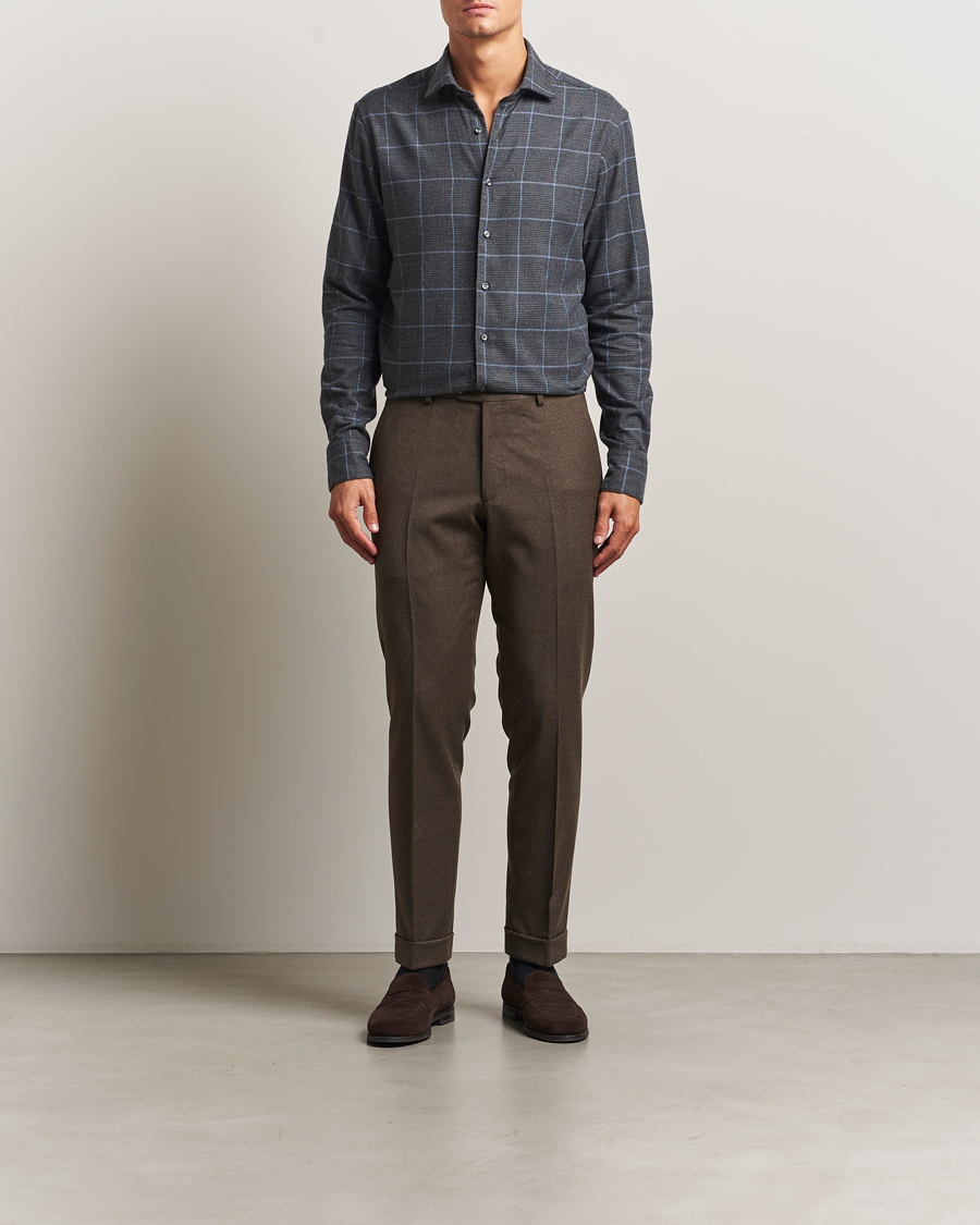 Herren | Hemden | Stenströms | Regular Fit Overcheck Flannel Shirt Dark Grey