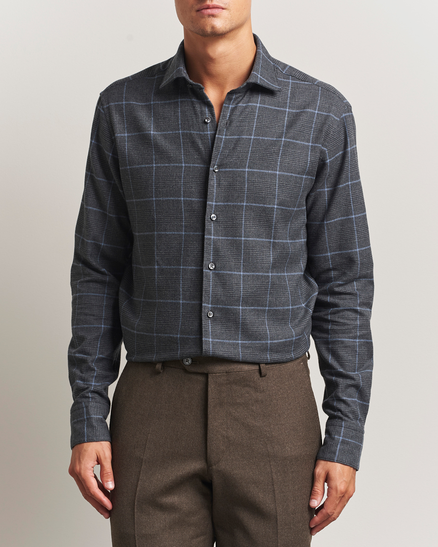 Herren | Hemden | Stenströms | Regular Fit Overcheck Flannel Shirt Dark Grey
