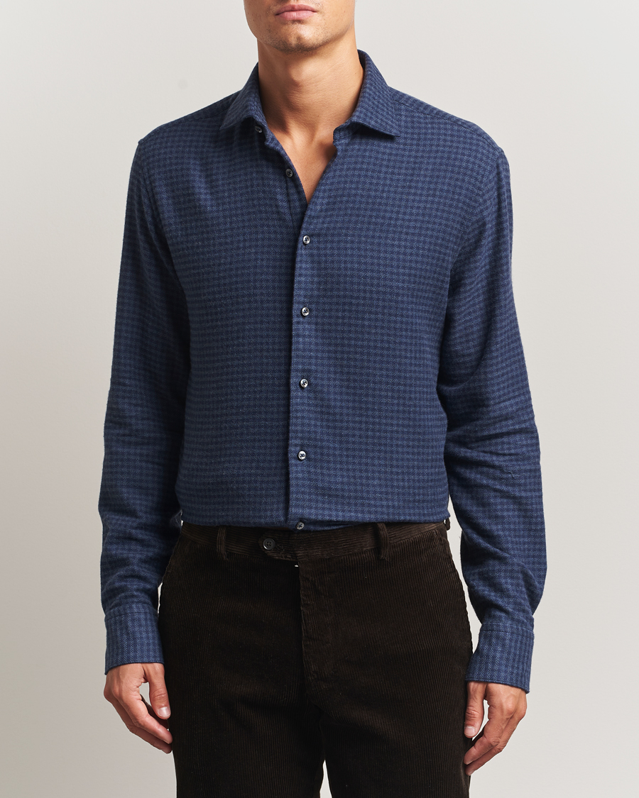 Herren | Hemden | Stenströms | Regular Fit Houndstooth Flannel Shirt Dark Blue