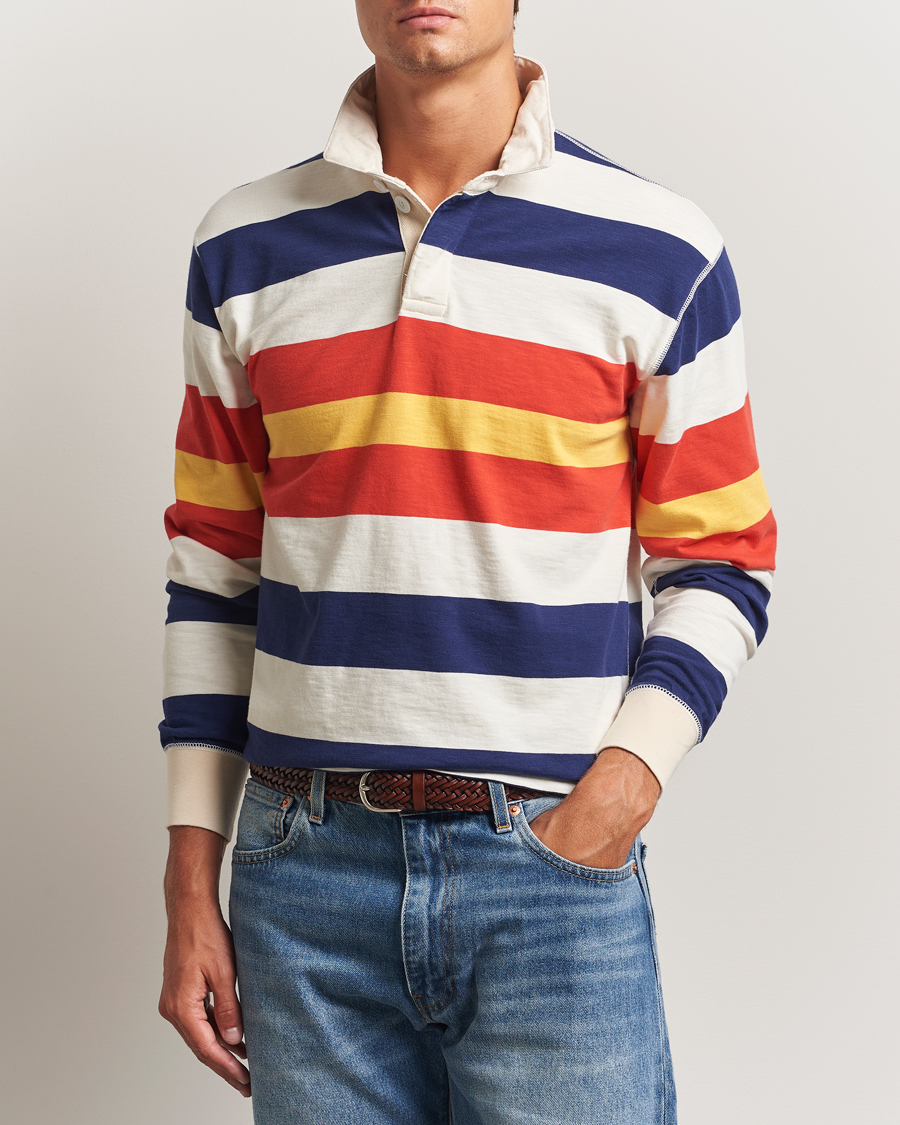 Herren | Pullover | Drake's | Striped Flame Rugby Shirt White/Navy/Red