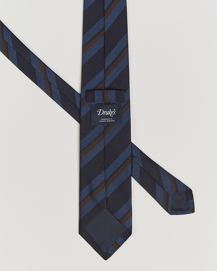 Herren | Krawatten | Drake's | Stripe Mogador Silk/Cotton Tie Navy/Brown