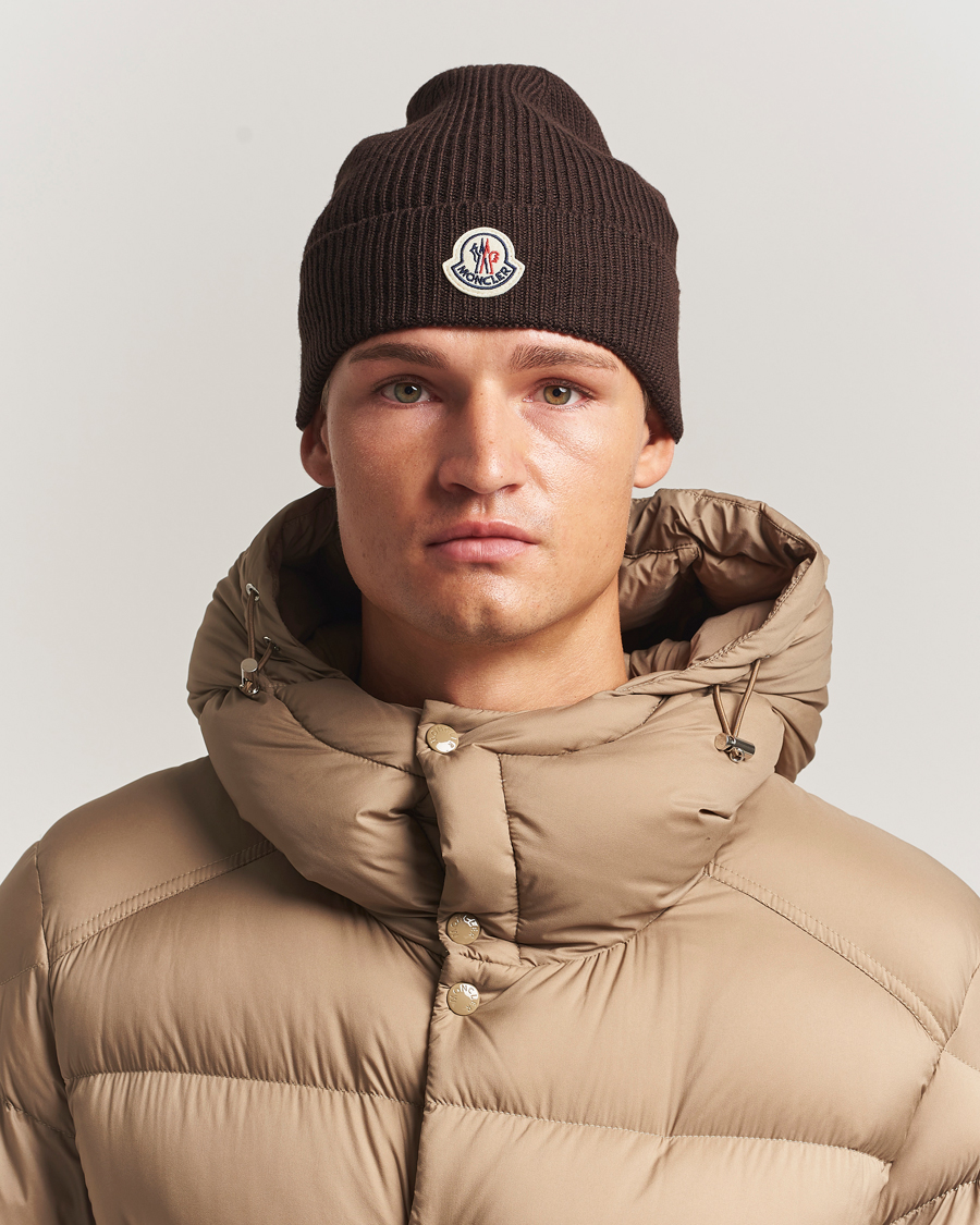 Herren | Moncler Rib Wool Beanie Brown | Moncler | Rib Wool Beanie Brown