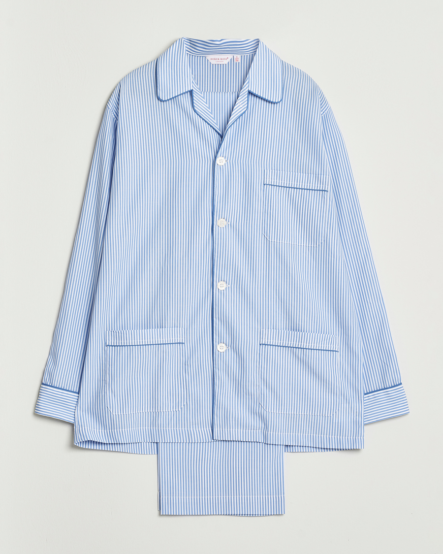 Herren | Schlafanzüge & Bademäntel | Derek Rose | Striped Piped Cotton Pyjama Set Blue/White