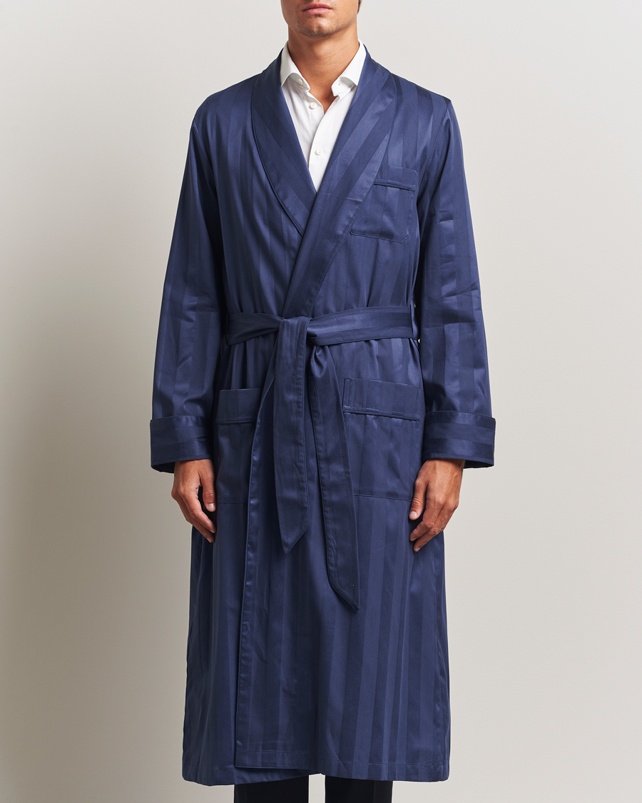 Herren | Schlafanzüge & Bademäntel | Derek Rose | Striped Cotton Dressing Gown Navy
