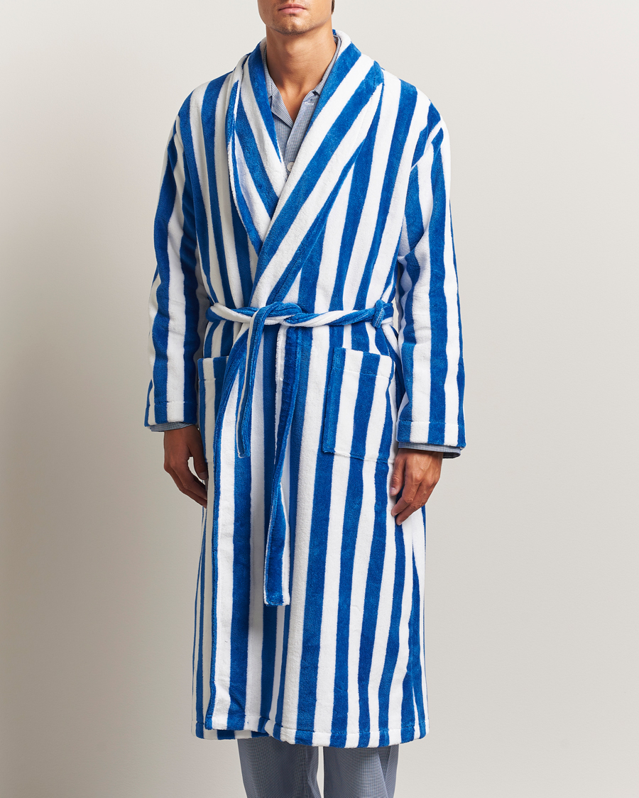 Herren | Schlafanzüge & Bademäntel | Derek Rose | Striped Cotton Velour Gown Blue/White
