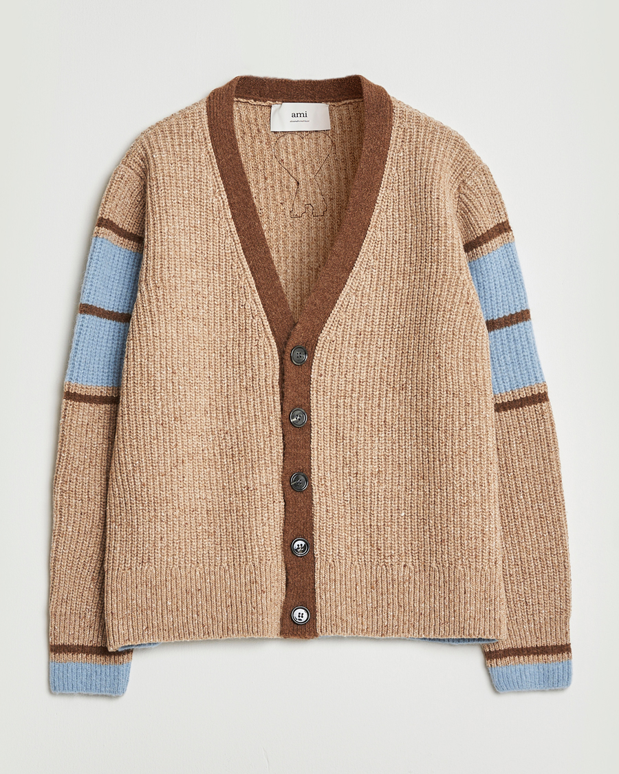 Herren | Pullover | AMI | Ribbed Wool Knitted Cardigan Camel