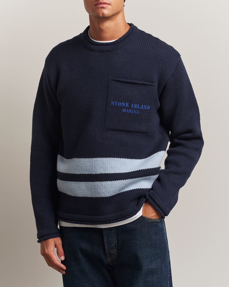 Herren | Pullover | Stone Island | Marina Knitted Wool Contrast Crew Neck Navy