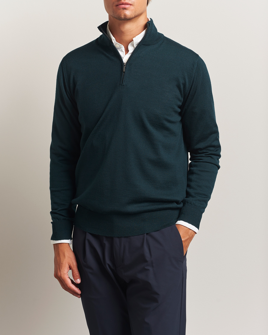 Herren | Pullover | Morgano | Extra Fine Merino Wool Half-Zip Bottle Green