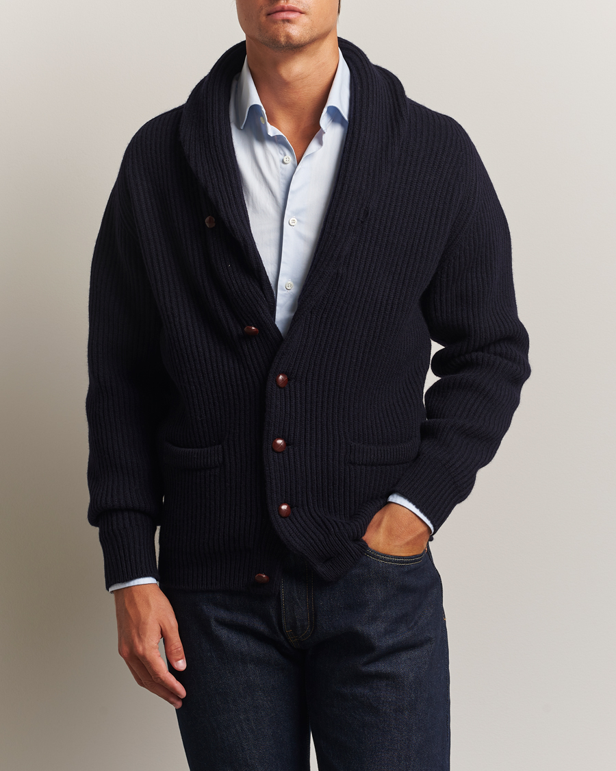 Herren | Pullover | William Lockie | Windsor Geelong Lambswool Shawl Cardigan Navy