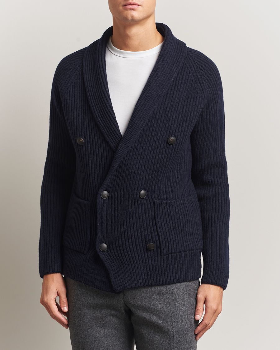 Herren | Pullover | Gran Sasso | Shawl Collar Heavy Knitted Wool Cardigan Navy