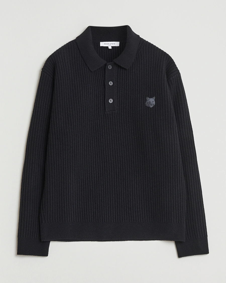 Herren | Pullover | Maison Kitsuné | Tonal Fox Head Wool Ribbed Polo Black